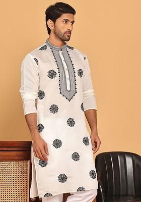 White Embroidered Poly Blend Kurta For Men
