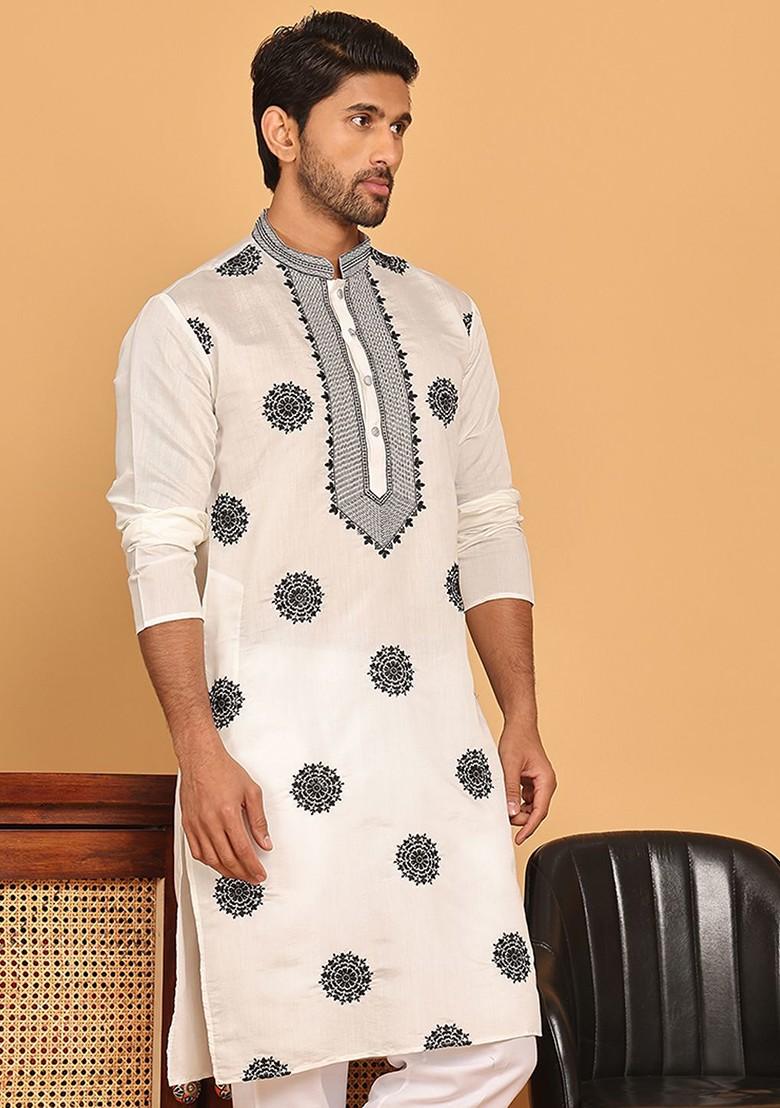 White Embroidered Poly Blend Kurta For Men