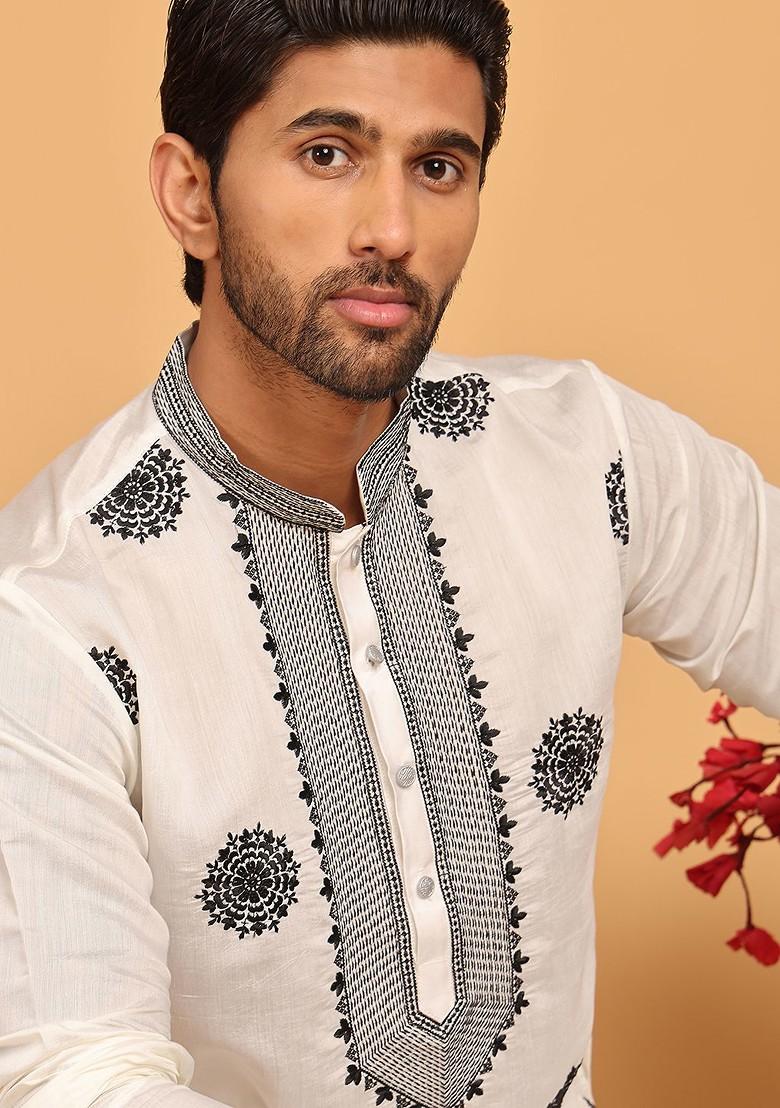 White Embroidered Poly Blend Kurta For Men