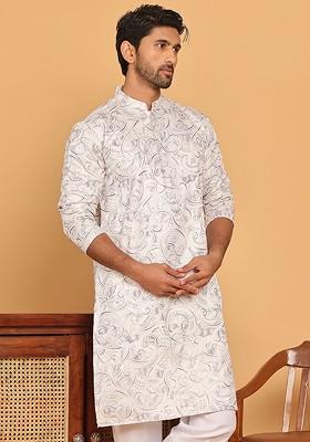 White Embroidered Poly Blend Kurta For Men
