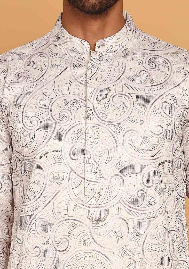 White Embroidered Poly Blend Kurta For Men
