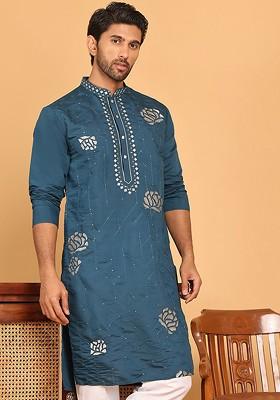 Turquoise Blue Embroidered Poly Blend Kurta For Men