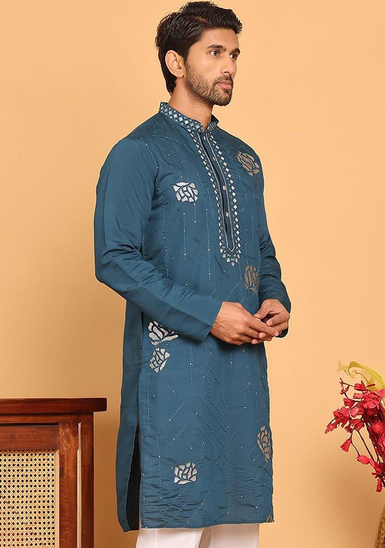 Turquoise Blue Embroidered Poly Blend Kurta For Men