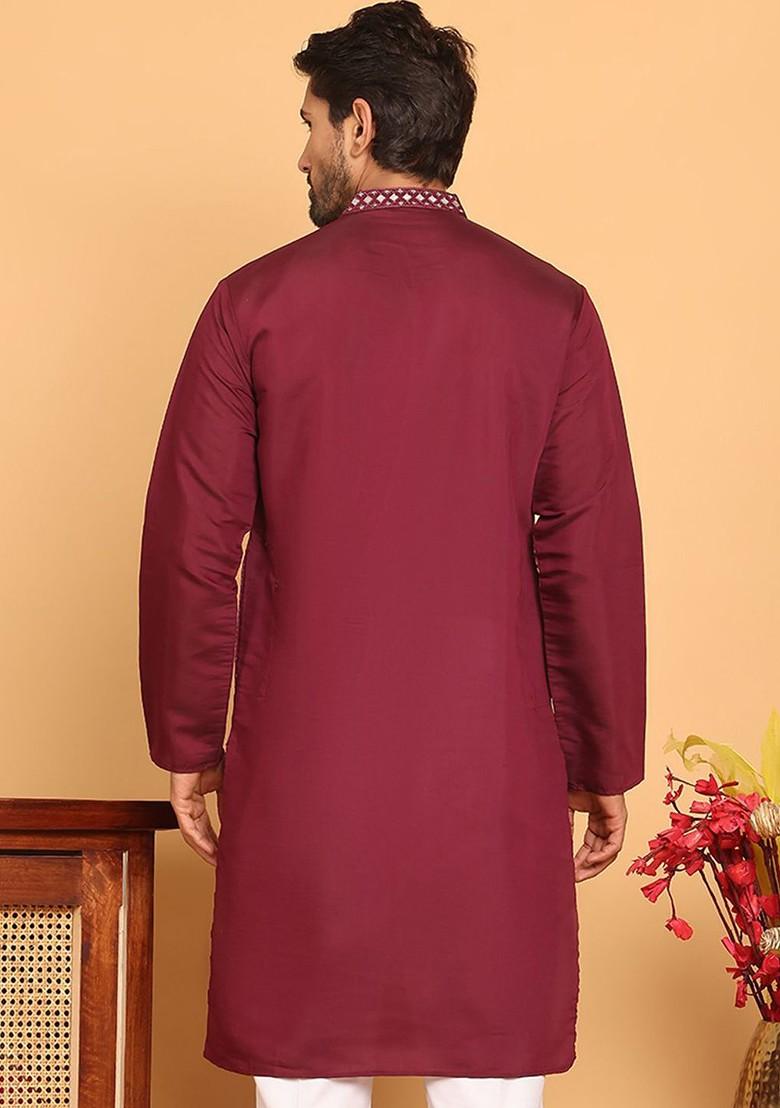 Maroon Embroidered Poly Blend Kurta For Men