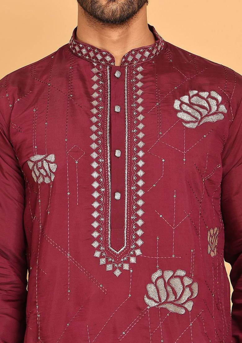 Maroon Embroidered Poly Blend Kurta For Men