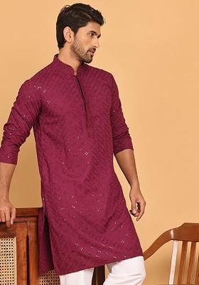 Purple Embroidered Poly Blend Kurta For Men