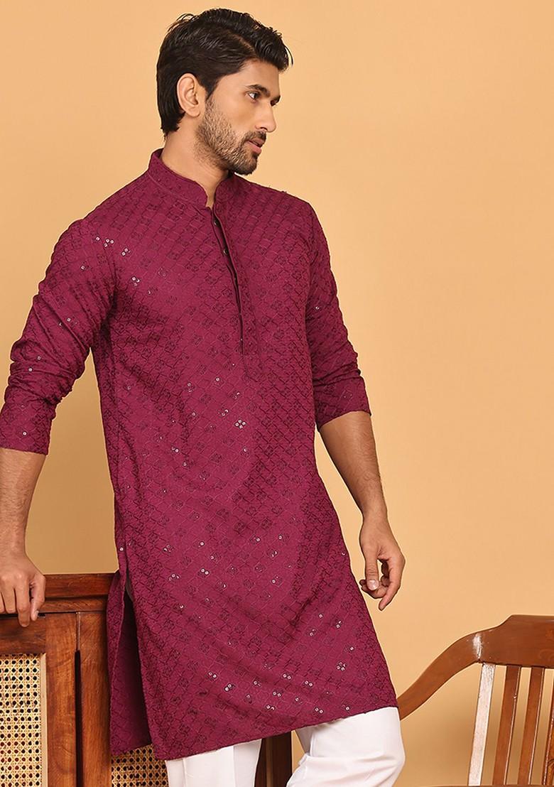 Purple Embroidered Poly Blend Kurta For Men
