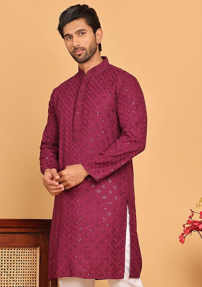 Purple Embroidered Poly Blend Kurta For Men