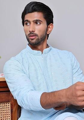 Turquoise Blue Embroidered Poly Blend Kurta For Men