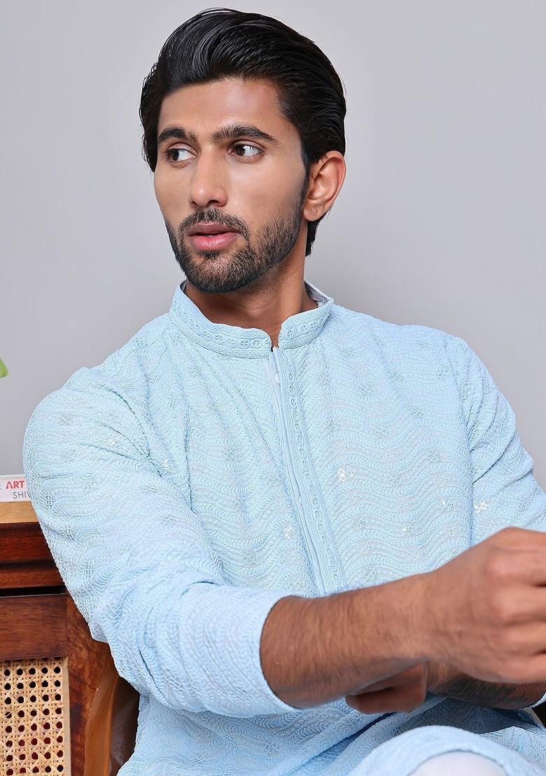 Turquoise Blue Embroidered Poly Blend Kurta For Men