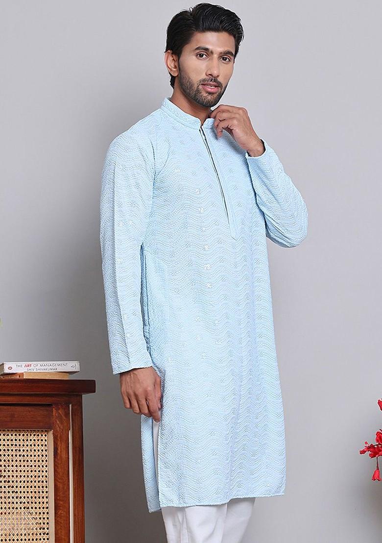 Turquoise Blue Embroidered Poly Blend Kurta For Men