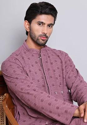 Magenta Embroidered Poly Blend Kurta For Men