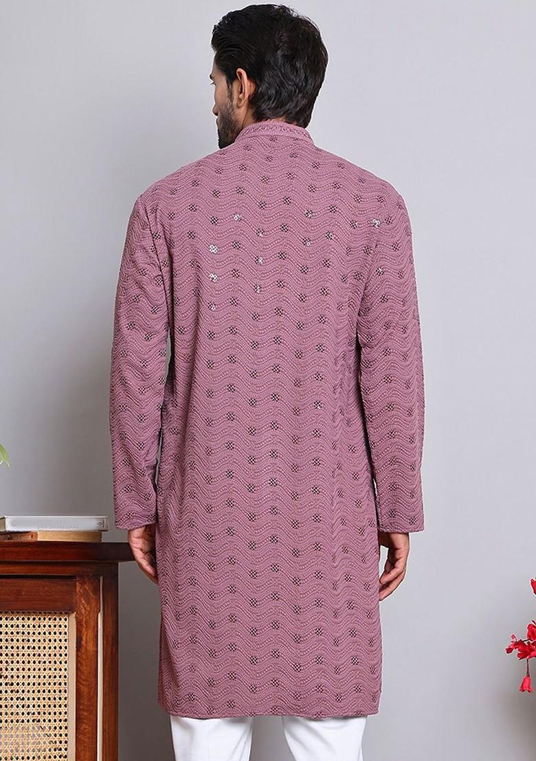 Magenta Embroidered Poly Blend Kurta For Men