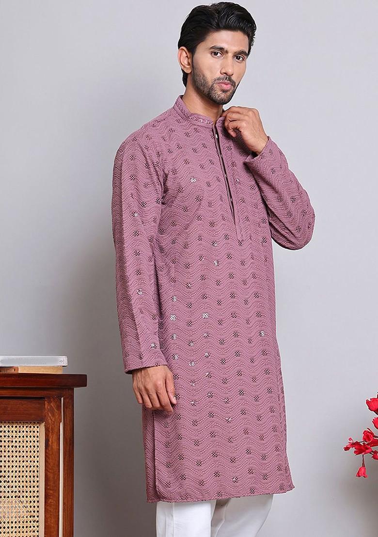 Magenta Embroidered Poly Blend Kurta For Men