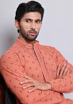 Peach Embroidered Poly Blend Kurta For Men