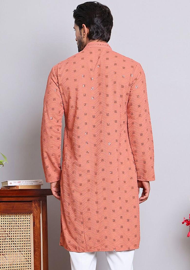 Peach Embroidered Poly Blend Kurta For Men