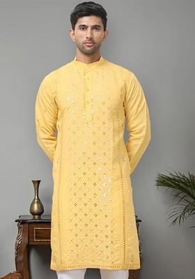 Mustard Yellow Embroidered Poly Blend Kurta For Men