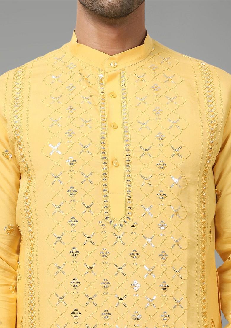 Mustard Yellow Embroidered Poly Blend Kurta For Men