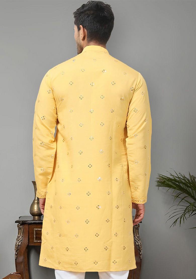 Mustard Yellow Embroidered Poly Blend Kurta For Men