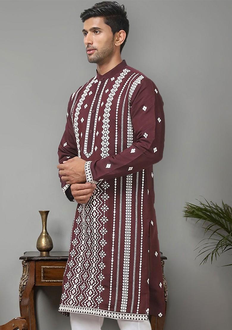 Maroon Embroidered Poly Blend Kurta For Men