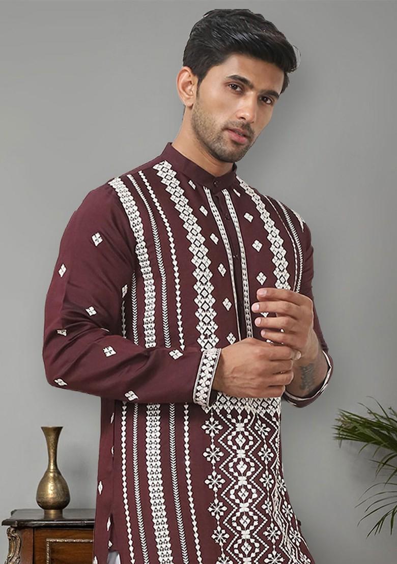 Maroon Embroidered Poly Blend Kurta For Men