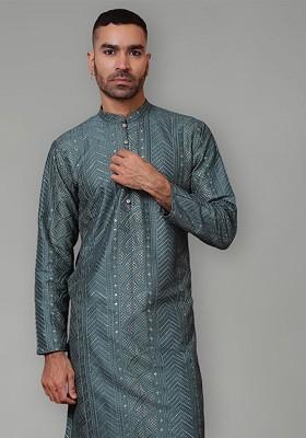 Teal Blue Embroidered Poly Blend Kurta For Men