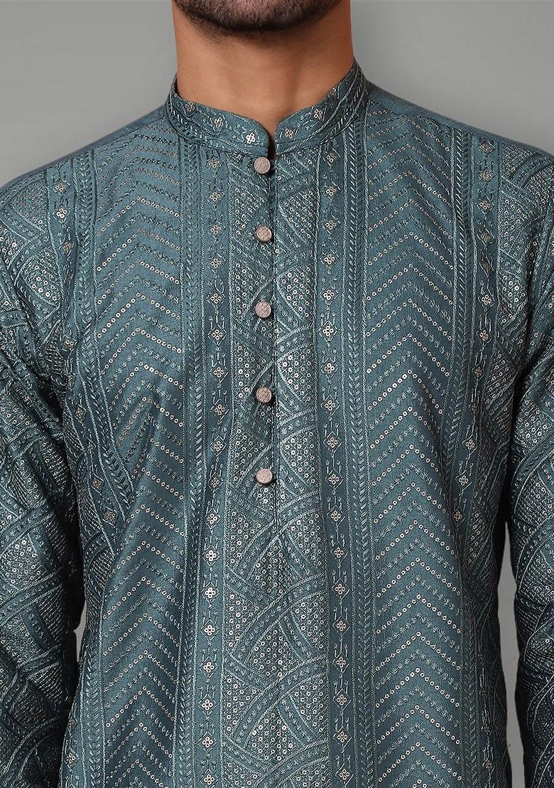 Teal Blue Embroidered Poly Blend Kurta For Men