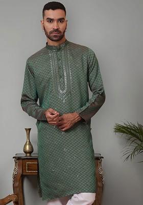 Sea Green Embroidered Poly Blend Kurta For Men