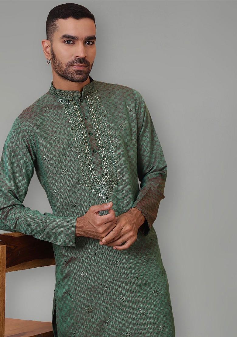Sea Green Embroidered Poly Blend Kurta For Men