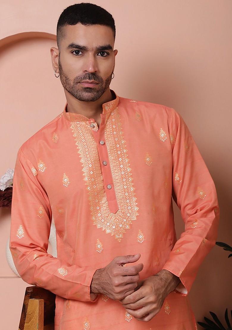 Peach Embroidered Poly Blend Kurta For Men