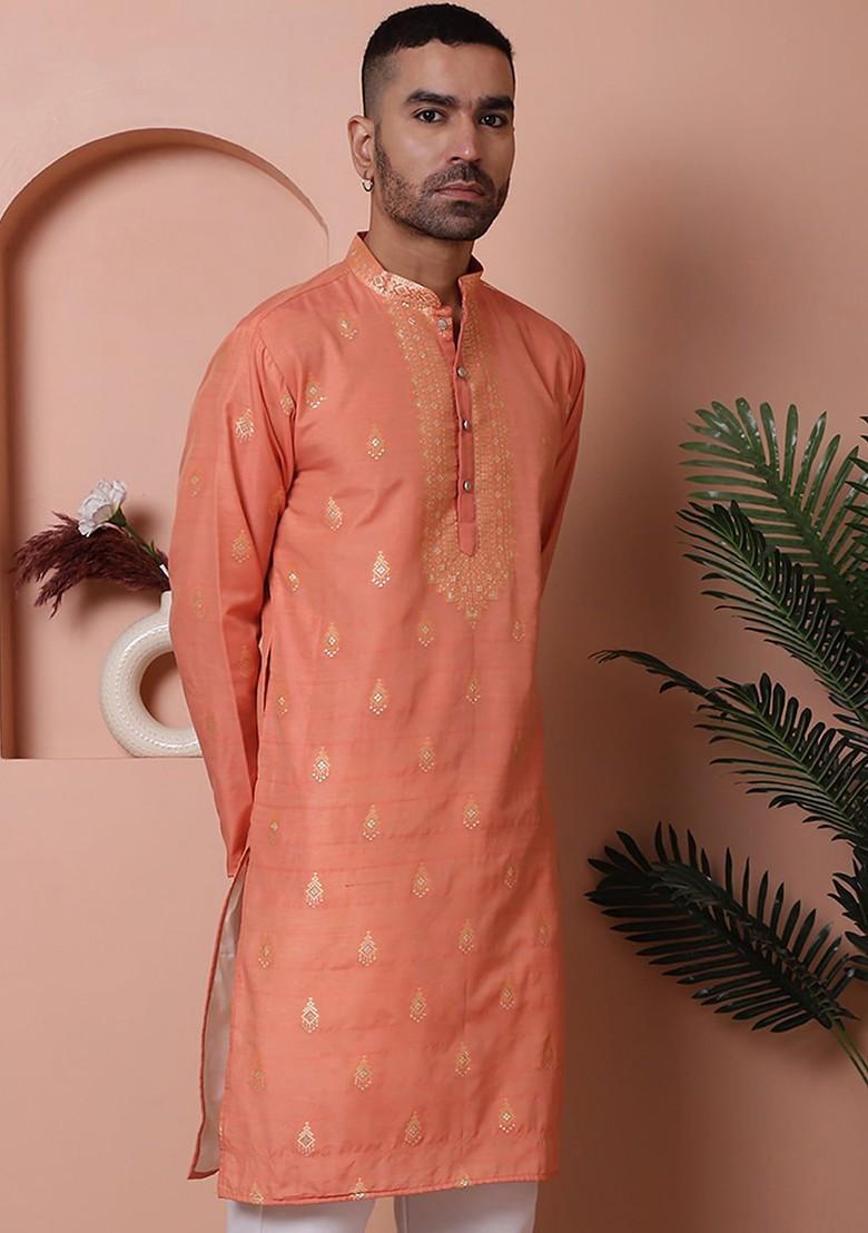 Peach Embroidered Poly Blend Kurta For Men