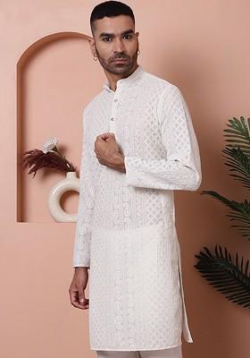 Off White Embroidered Poly Blend Kurta For Men