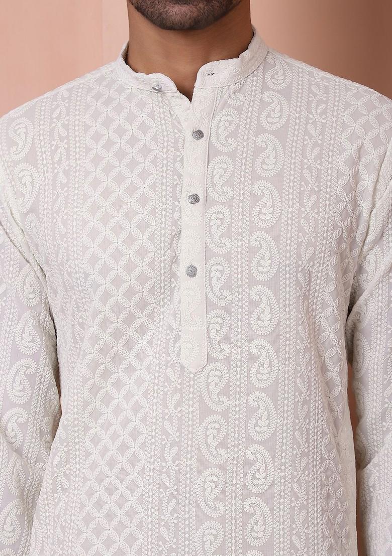Off White Embroidered Poly Blend Kurta For Men