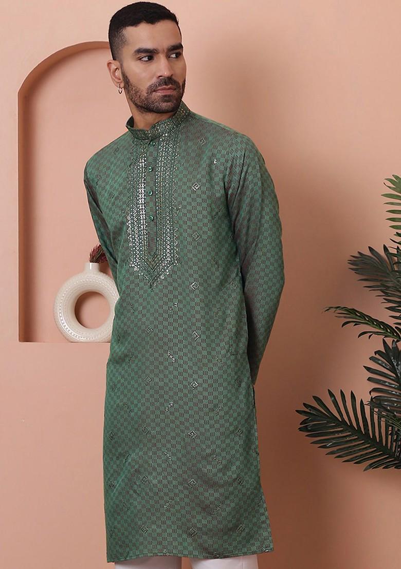 Sea Green Embroidered Poly Blend Kurta For Men
