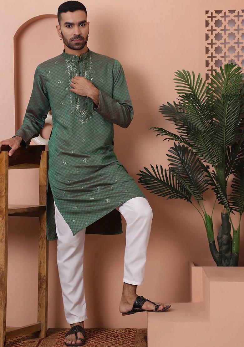 Sea Green Embroidered Poly Blend Kurta For Men