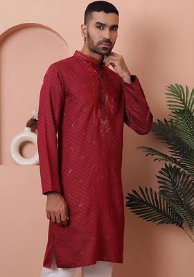 Maroon Embroidered Poly Blend Kurta For Men