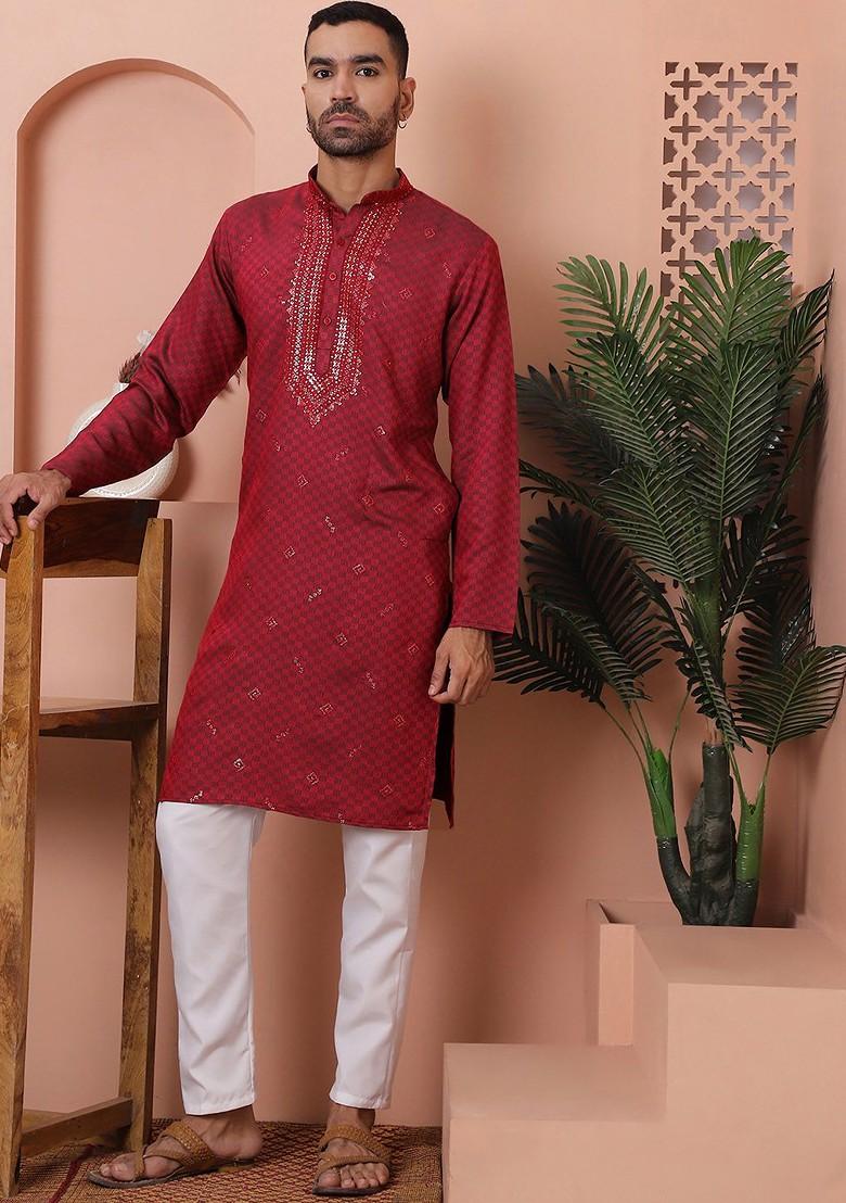 Maroon Embroidered Poly Blend Kurta For Men