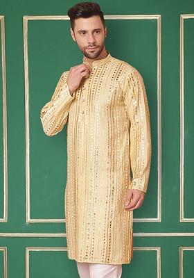 Gold Embroidered Poly Blend Kurta For Men