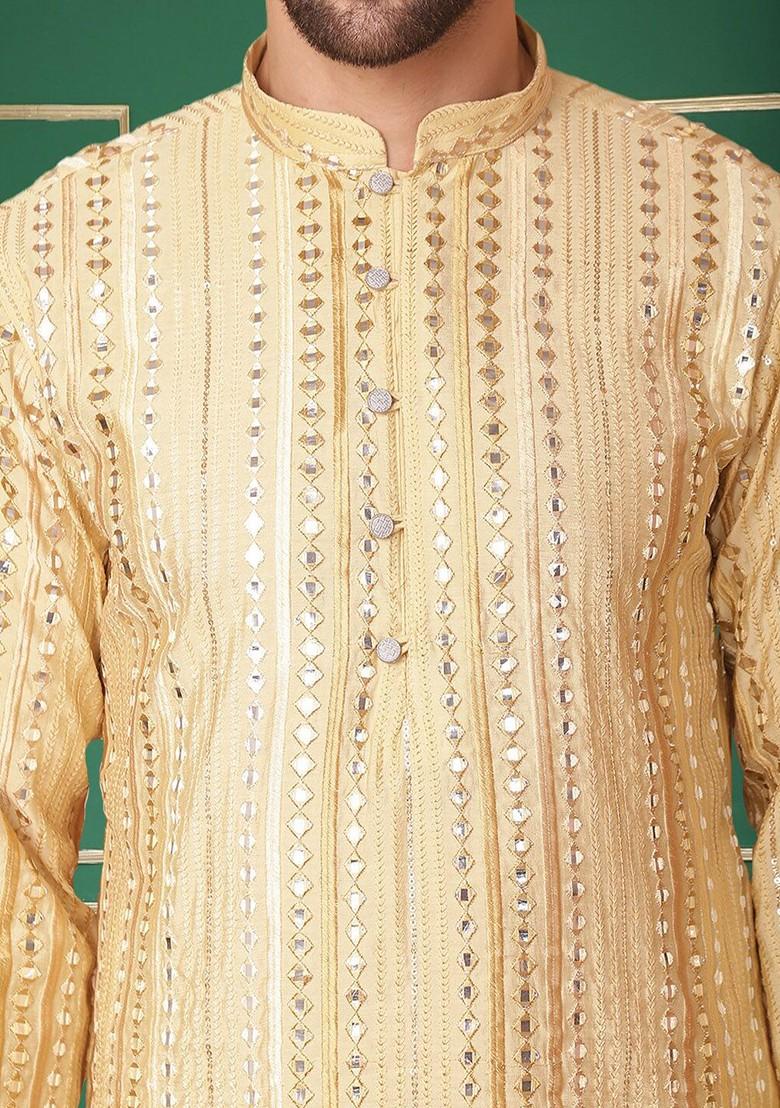 Gold Embroidered Poly Blend Kurta For Men