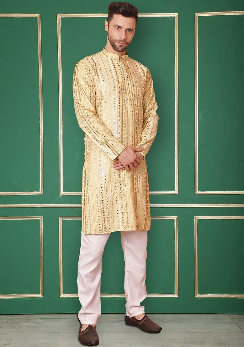 Gold Embroidered Poly Blend Kurta For Men