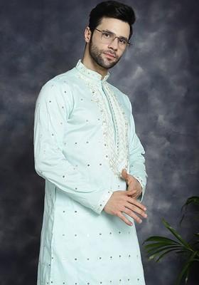 Turquoise Blue Embroidered Poly Blend Kurta For Men