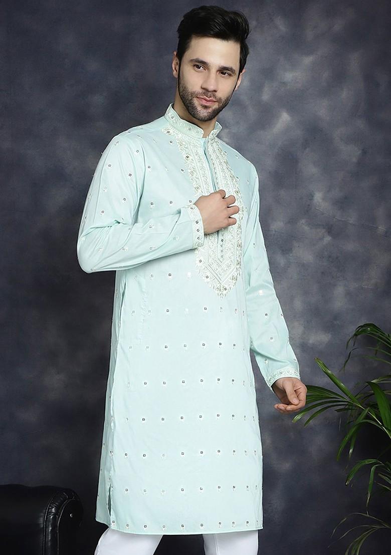 Turquoise Blue Embroidered Poly Blend Kurta For Men