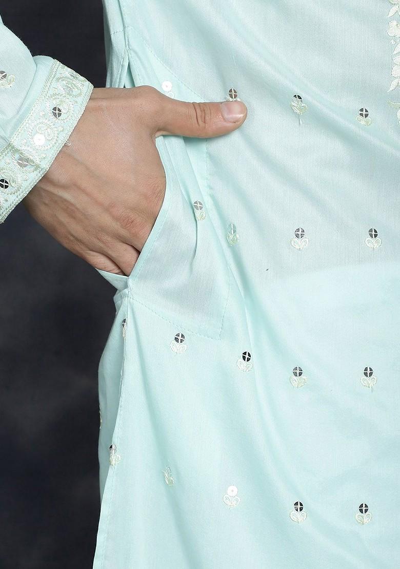 Turquoise Blue Embroidered Poly Blend Kurta For Men