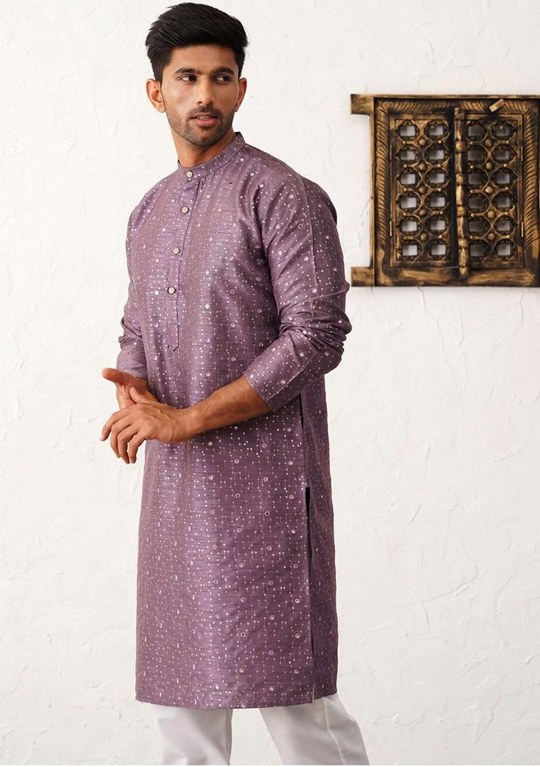 Purple Embroidered Poly Blend Kurta For Men