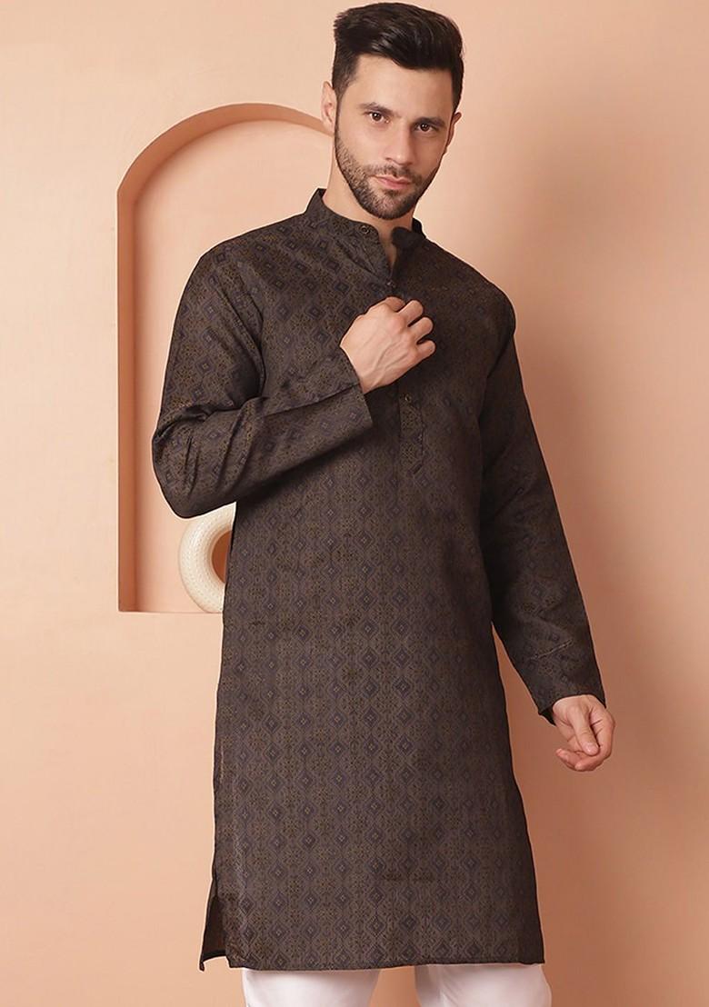 Navy Blue Woven Design Poly Blend Kurta For Men