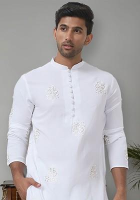 White Embroidered Poly Blend Kurta For Men