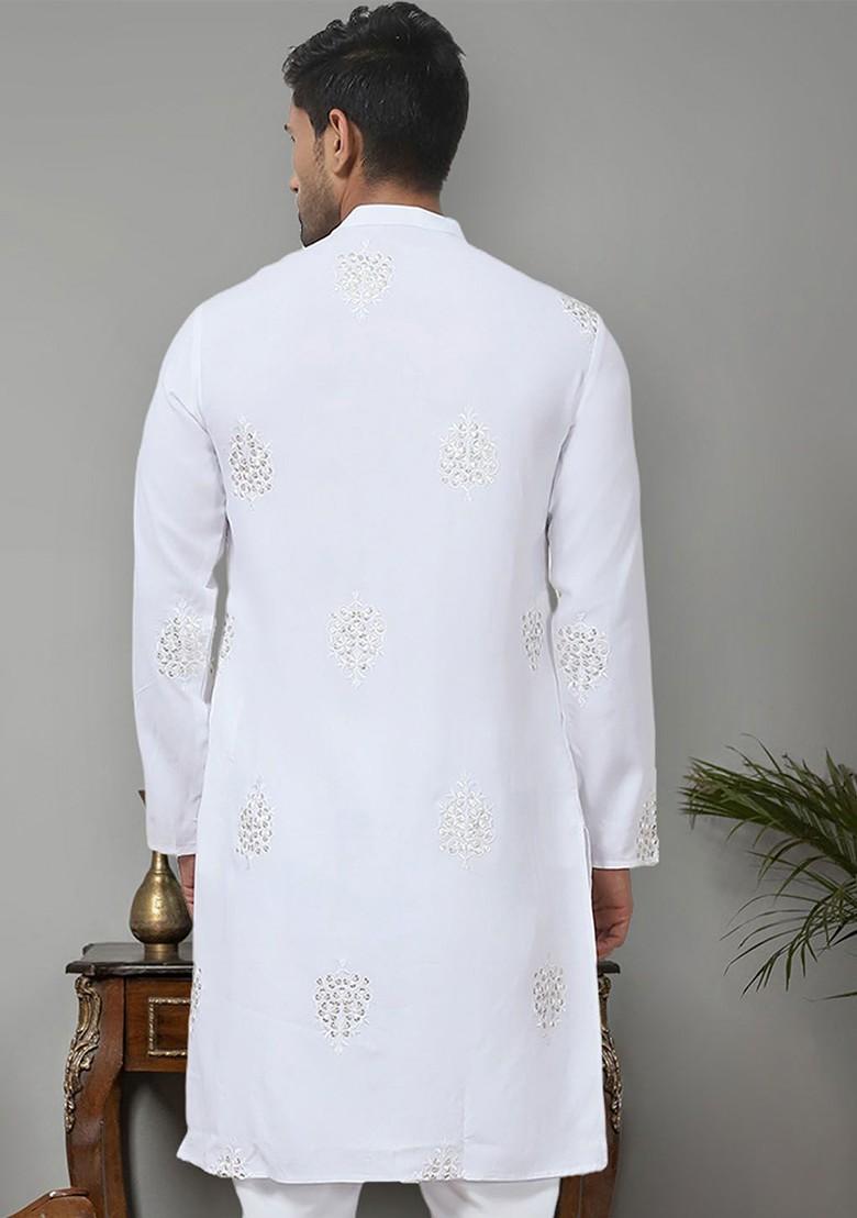 White Embroidered Poly Blend Kurta For Men