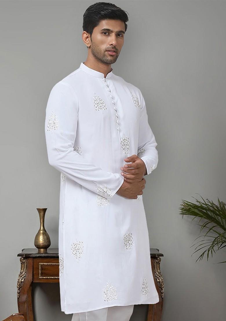 White Embroidered Poly Blend Kurta For Men