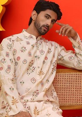 Cream Printed Poly Blend Kurta For Men