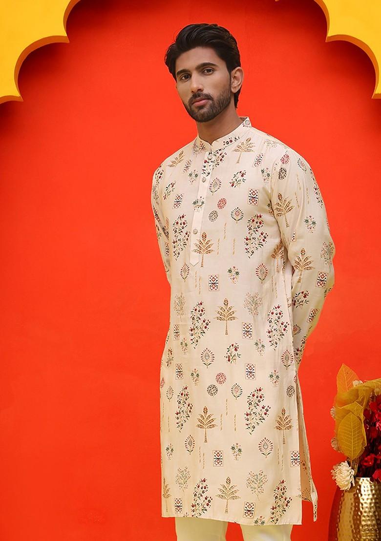 Cream Printed Poly Blend Kurta For Men